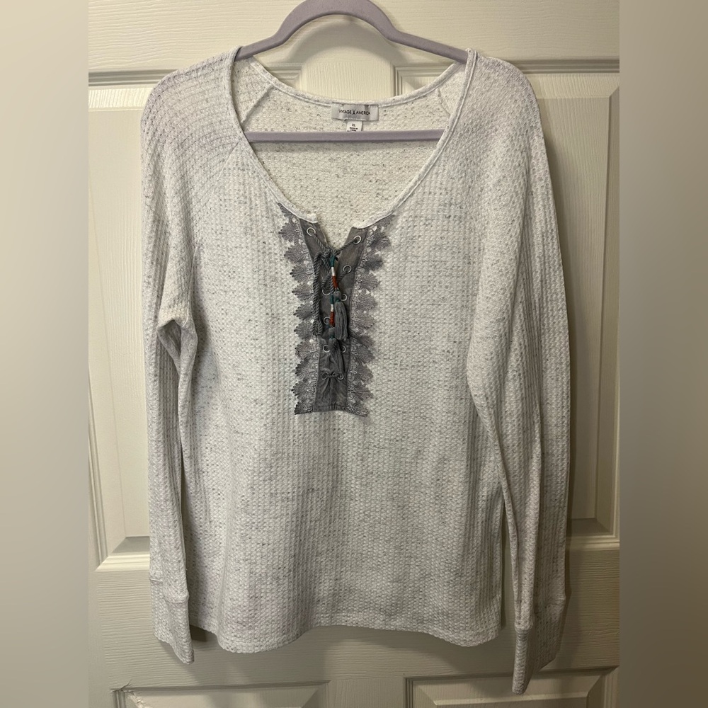 Vintage America Women’s Heather Gray Lace-Up Long Sleeve Thermal Top SZ XL